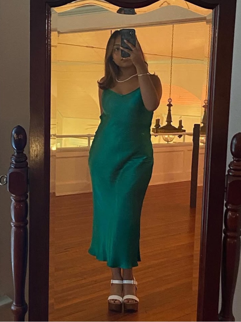 Forever 21 Emerald Satin Slip Midi Dress